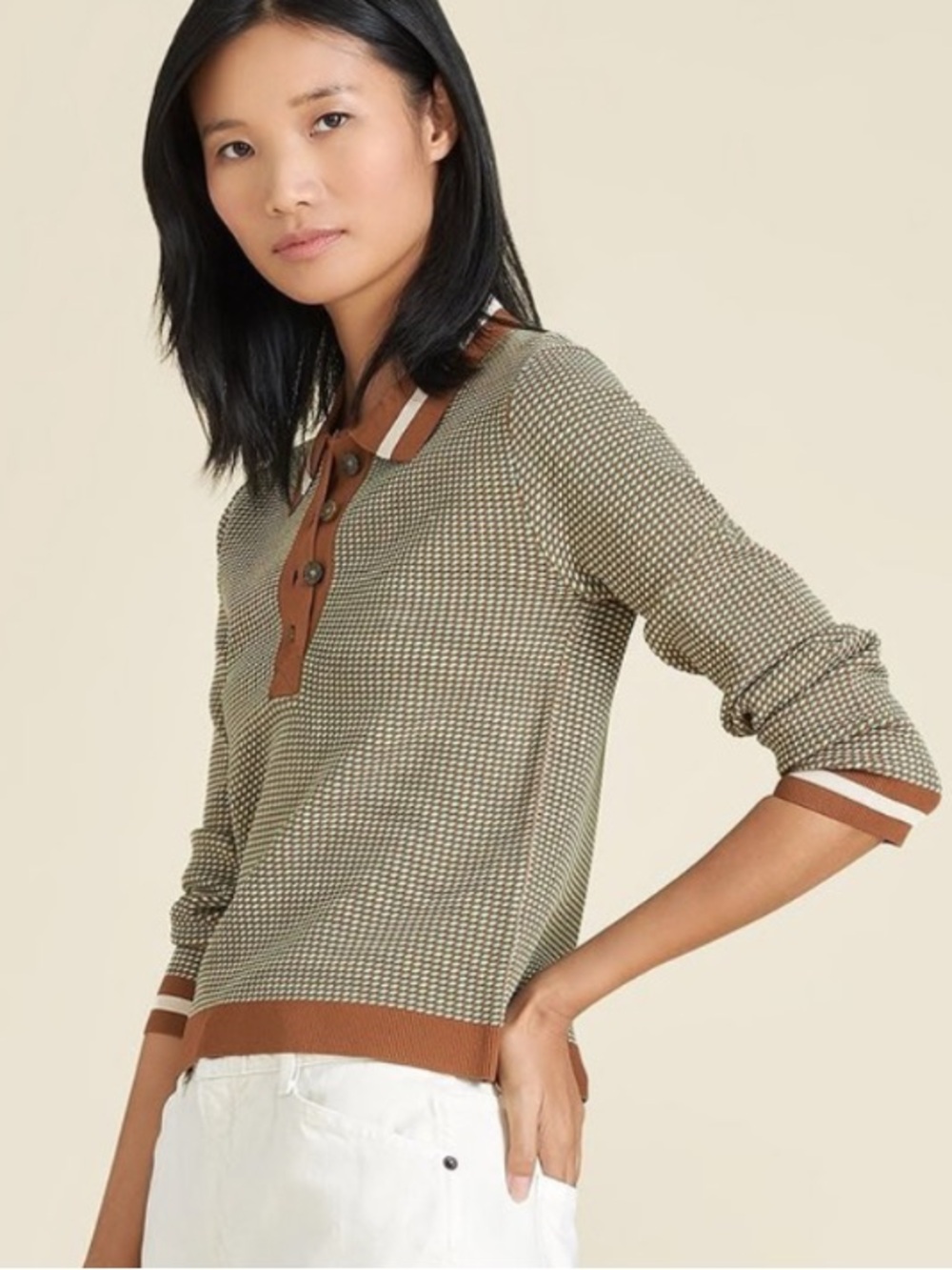 Veronica Beard Hildy Geo Knit Polo Brown Sz Medium
